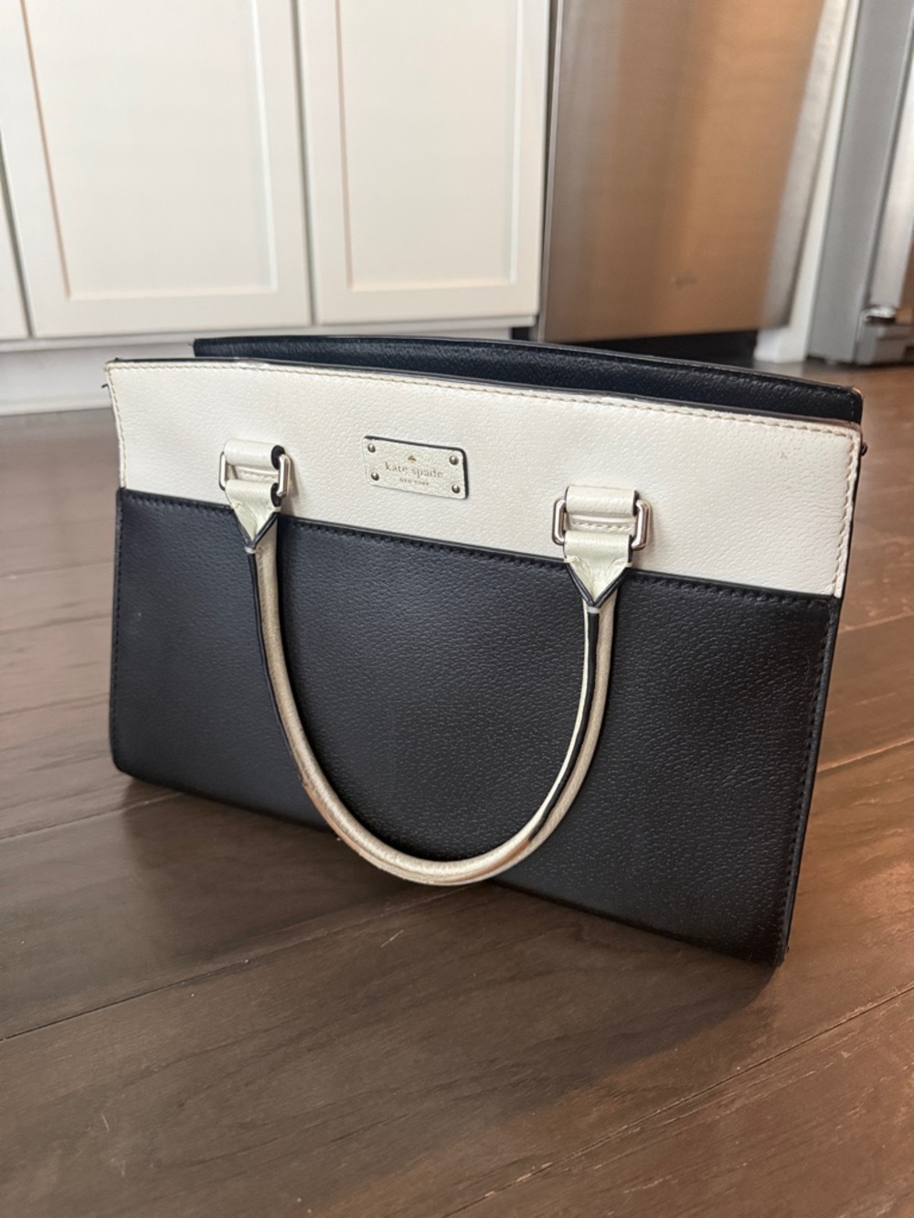 GENTLY USED kate spade Two-Tone Black and Cream Leather Satchel with Top Handles